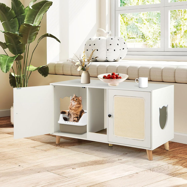 COSTWAY Katzenschrank für Katzentoilette, Katzenklo Schrank mit 2 Türen &amp; Kratzbrett &amp; 2 Sisal-Kratz
