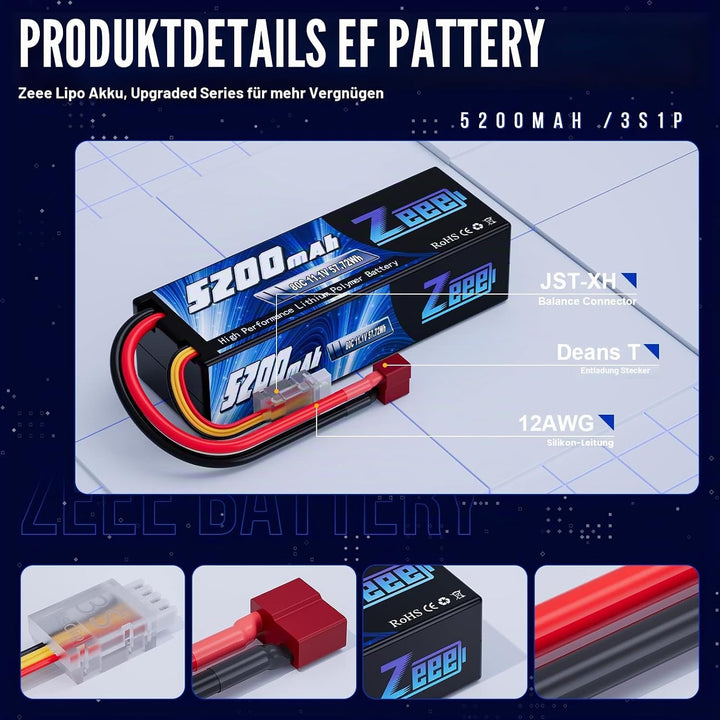 Zeee 3S LiPo Akku 11,1V 80C 5200mAh Hardcase Batterie mit T Stecker für RC Auto, RC Flugzeug, RC Hub