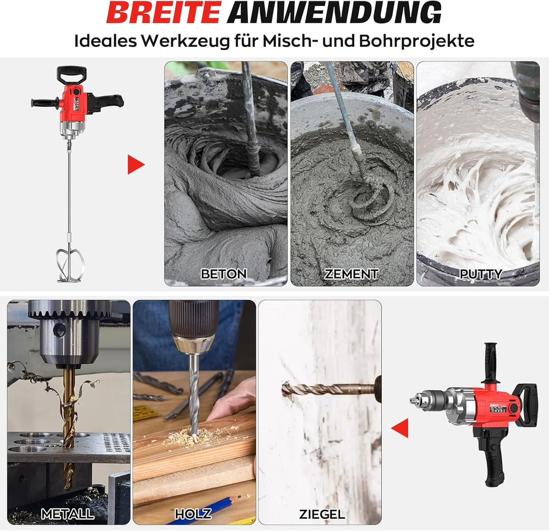 Neu 2-in-1 Bohren Rührwerk Set IMAYCC 2500W Elektrischer Tragbarer Betonmischer 20A für Bohren und M