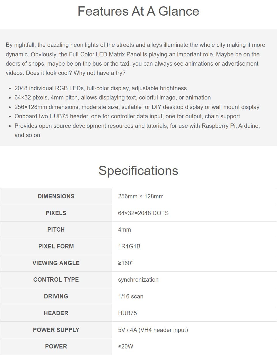 Waveshare RGB Full-Color LED Matrix Panel 4mm Pitch 64×32 Pixels 2048 Individual RGB LEDs Adjustable