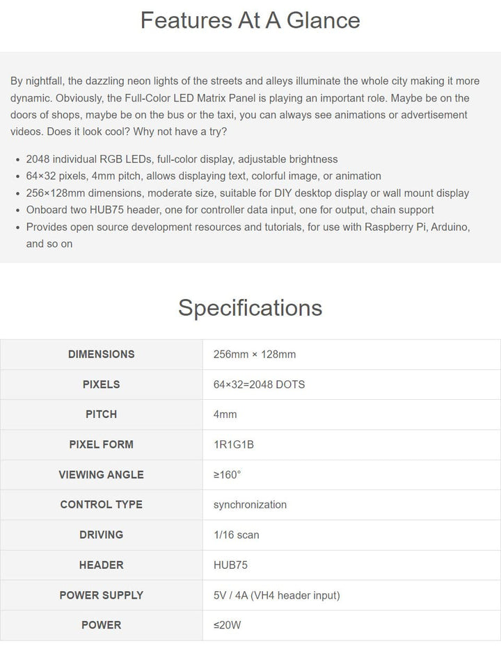 Waveshare RGB Full-Color LED Matrix Panel 4mm Pitch 64×32 Pixels 2048 Individual RGB LEDs Adjustable