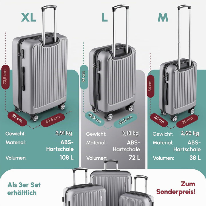 ABS Hartschalenkoffer - Ergonomisch &amp; Sicher - Trolley Koffer Set 3-teilig mit 360° Rädern, Zahlen-S