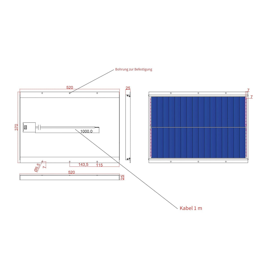 esotec monokristallines Solarmodul, 30Wp, 18V, 520x370x25mm, offene Leitungsenden, Dachschindeltechn