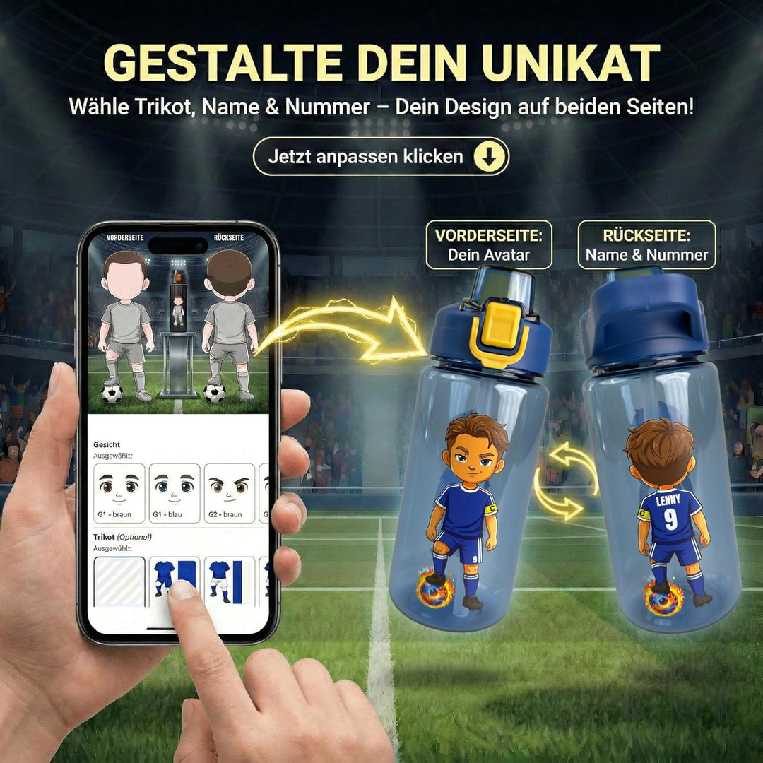 EarlyBird Personalisierte Trinkflasche mit Fussball-Motiv, 600ml, Trikot-Nummer und Name, grün