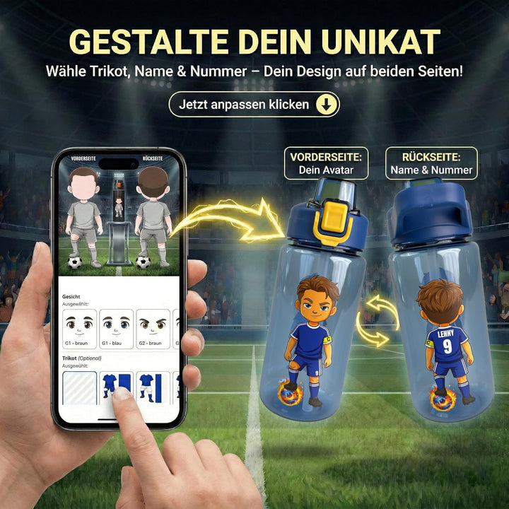 EarlyBird Personalisierte Trinkflasche mit Fussball-Motiv, 600ml, Trikot-Nummer und Name, grün