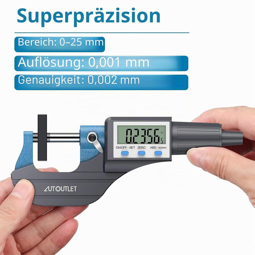 AUTOUTLET Micrometer Digitale Bügelmessschraube 0-25mm/ 0.001mm, Hohe Präzision LCD Digitale Mikrome