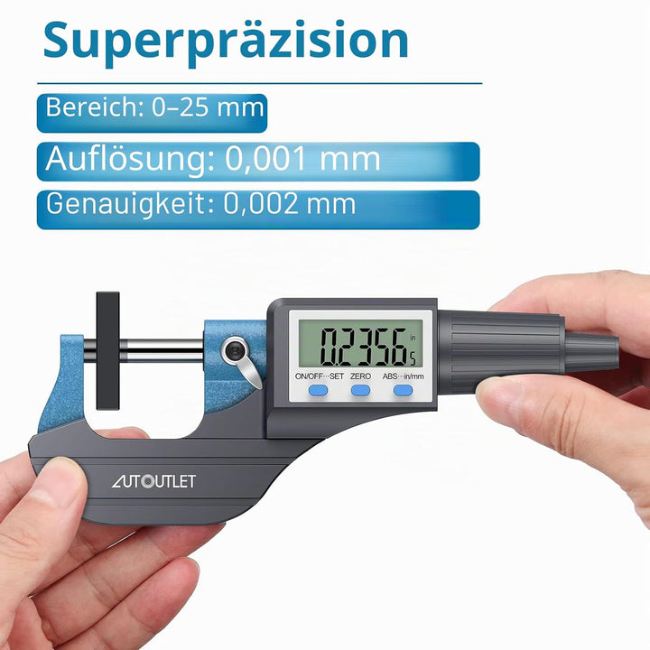 AUTOUTLET Micrometer Digitale Bügelmessschraube 0-25mm/ 0.001mm, Hohe Präzision LCD Digitale Mikrome