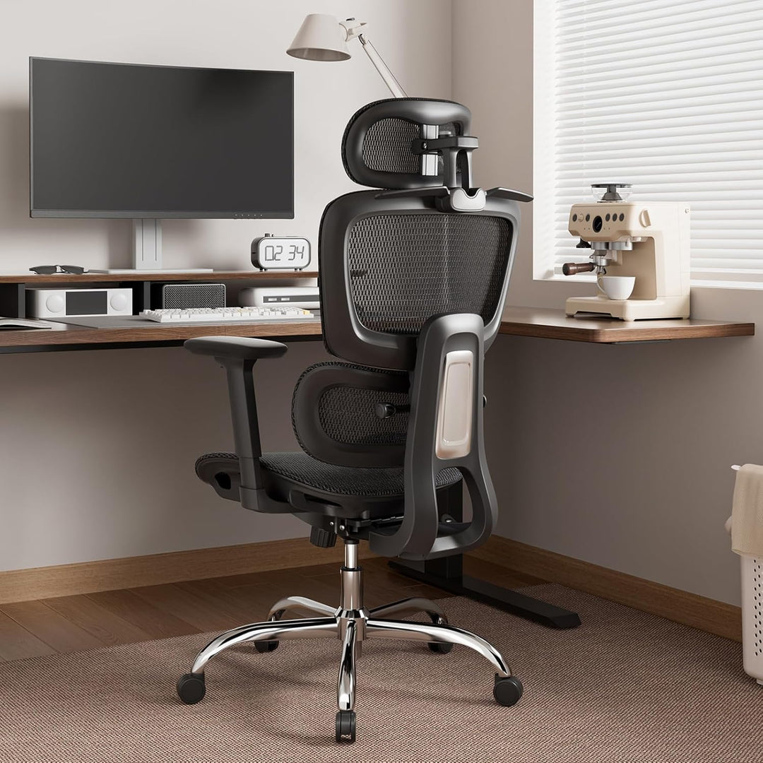 Ergonomischer Bürostuhl Schreibtischstuhl, Netzstoff Drehstuhl mit 2D-Lendenwirbelstütze & 3D-Kopfst
