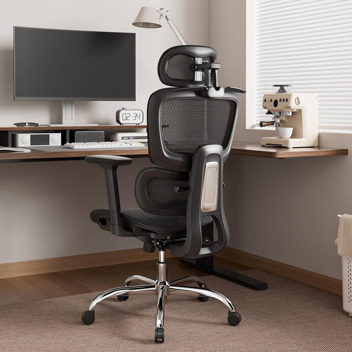 Ergonomischer Bürostuhl Schreibtischstuhl, Netzstoff Drehstuhl mit 2D-Lendenwirbelstütze & 3D-Kopfst