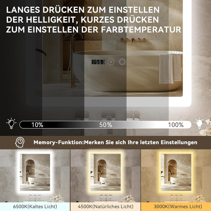 YOURLITE Badspiegel mit LED Beleuchtung 50x60cm, Badezimmerspiegel mit Touchschalter, Spiegel Bad Wa