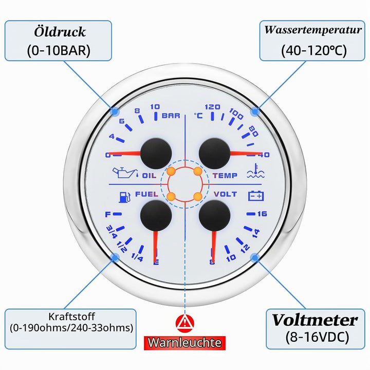 85mm 4in 1 Multifunktionales Messgerät, wasserdichter Kraftstoffstand Öldruck Wassertemperaturmesser
