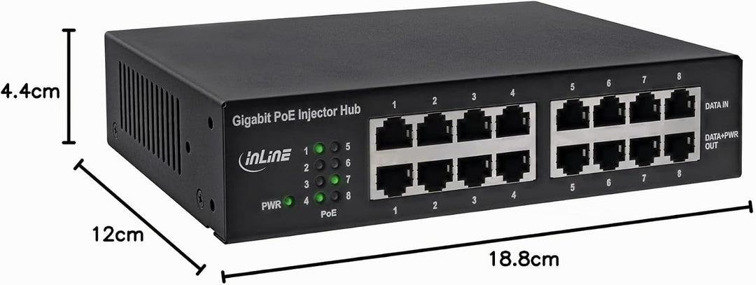 InLine 32308H PoE+ Gigabit Netzwerk Injektor Hub 8 Port (8x PoE+), 1GBit/s, 19" (Winkel enthalten),