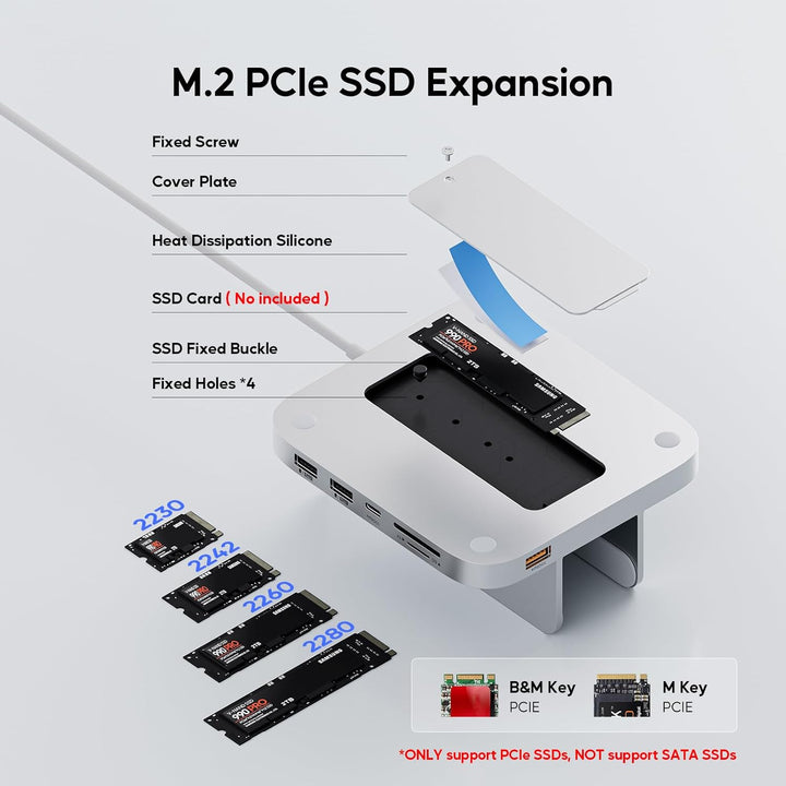 PULWTOP Mac mini Hub Ständer mit M.2 PCIe NVMe SSD-Gehäuse, 8-in-1 Vertikale Dock mit USB A/C 10 Gbi