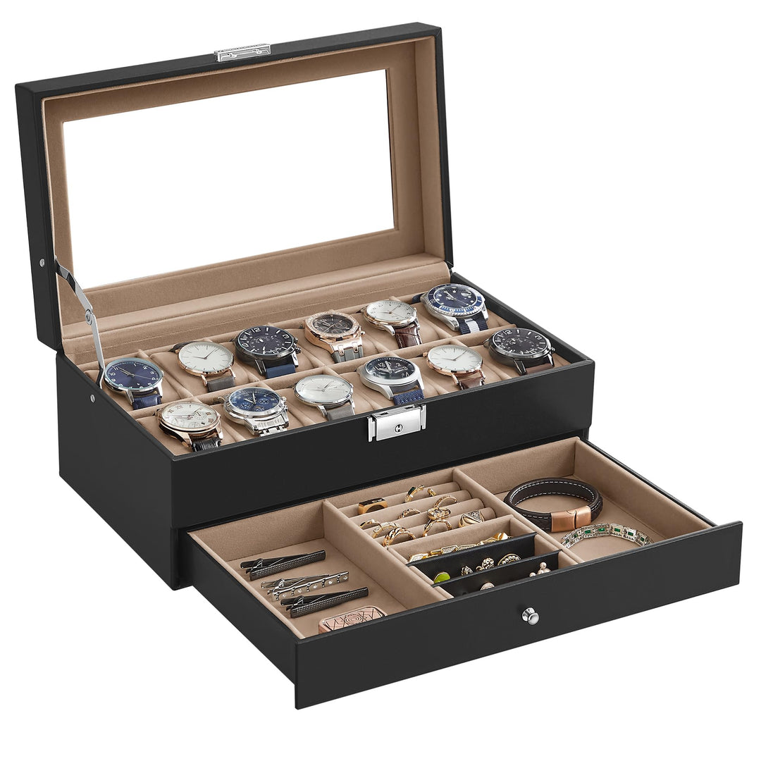 SONGMICS Uhrenbox mit 2 Ebenen, Uhrenkasten, 12 Fächer und 1 Schublade, Glasdeckel, Uhrenkoffer, für