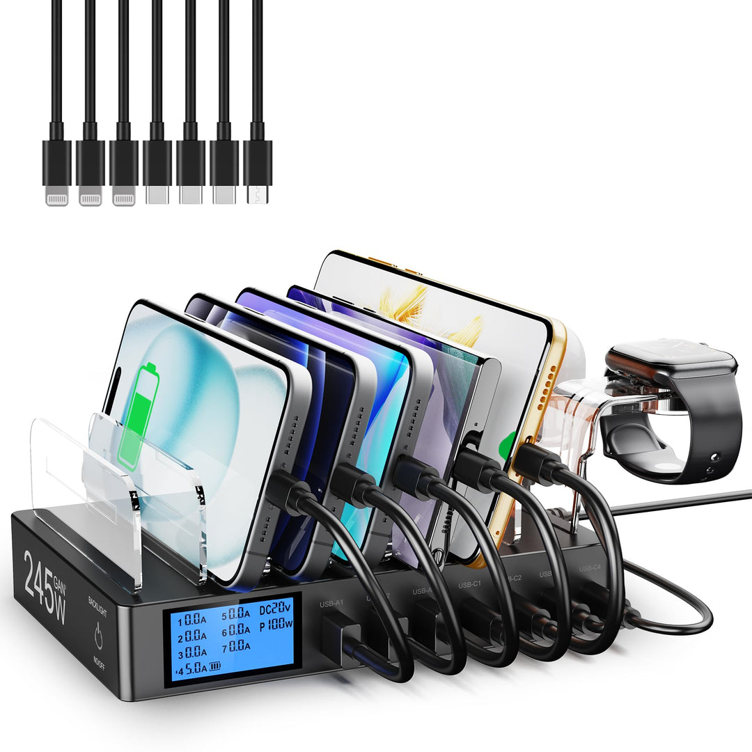 245W Ladestation für Mehrere Geräte, 7-Port USB Ladestation Handy Ladestation mit LCD-Anzeige mit 7