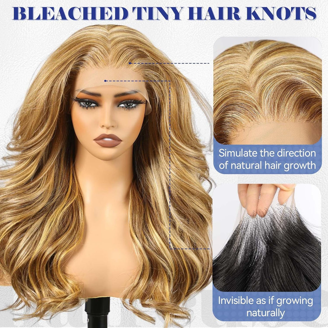 HAIRCUBE 13x6 HD Synthetische Lace-Front-Perücke, 24 Zoll blonde Highlights, lange lockige Stufenper