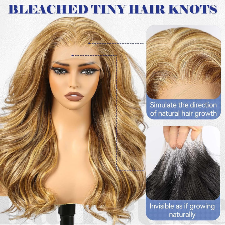 HAIRCUBE 13x6 HD Synthetische Lace-Front-Perücke, 24 Zoll blonde Highlights, lange lockige Stufenper