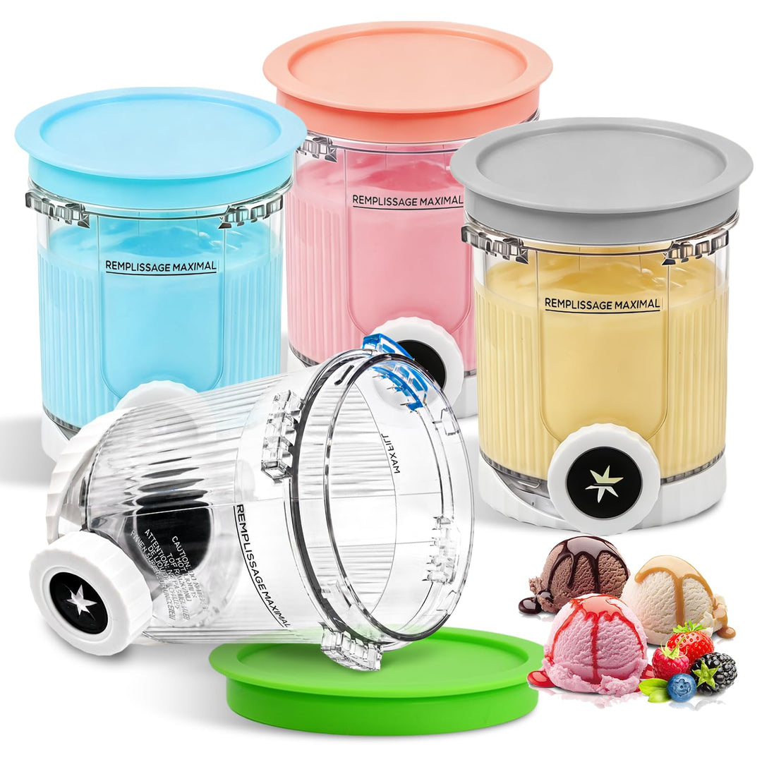 4er Set Eisbehälter 480ml mit Farbigen Deckeln, Kompatibel mit NC700/NC701 Serie Swirl Eismaschine,