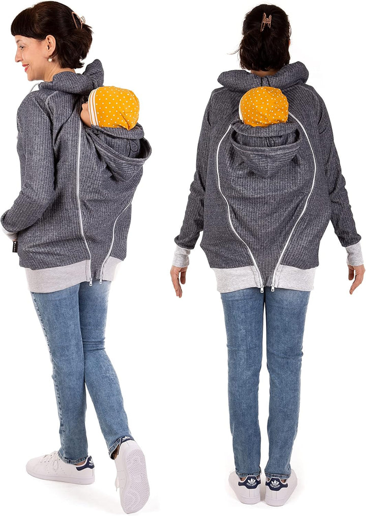 Viva la Mama 3in1 leichte Tragejacke für Mama und Baby, Umstandsjacke - Cleo, XS Anthrazit - Vorn un