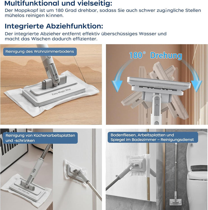 Wischmopp mit EIN-Knopf-Wechsel & Klemm-System, Zero Touch Bodenwischer für Feuchttücher, Multifunkt