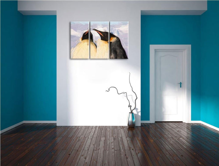 zwei prachtvolle Kaiserpinguine NewArt 3-Teiler Leinwandbild 120x80 Bild auf Leinwand, XXL riesige B