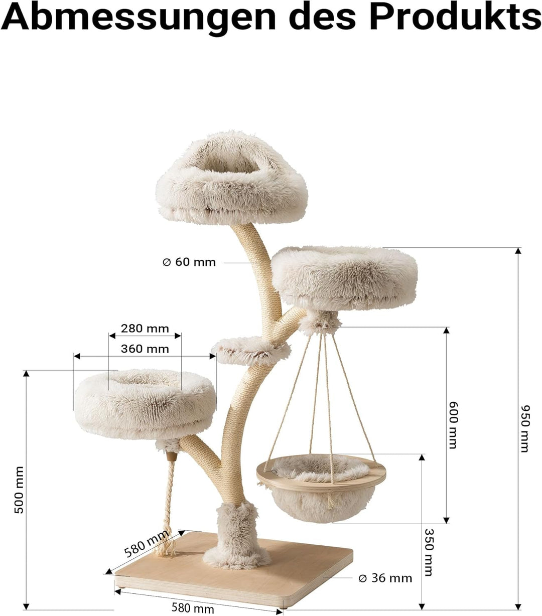 Fudajo Designer Kratzbaum in Zweigdesign 130 cm hoch, Katzenkratzbaum mit Plüsch und Sisal, Kletterb
