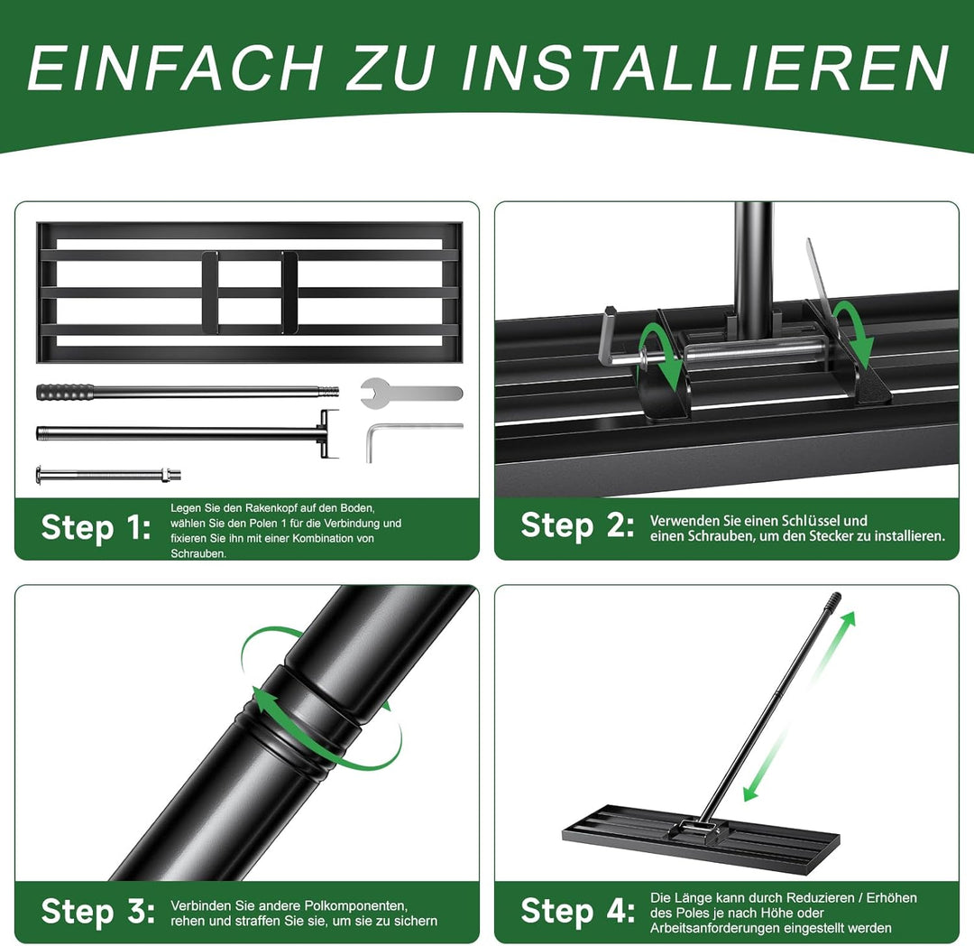 Rasen-Nivellierungsrechen 198cm 43x25cm, Verstellbarer Rasenplanier-Rechen mit 119–198 cm Griff, 180