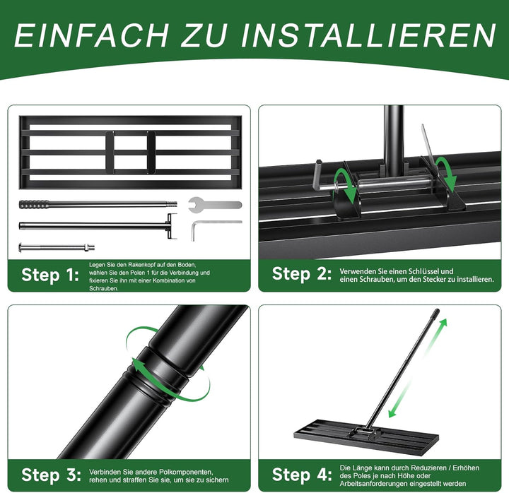 Rasen-Nivellierungsrechen 198cm 43x25cm, Verstellbarer Rasenplanier-Rechen mit 119–198 cm Griff, 180