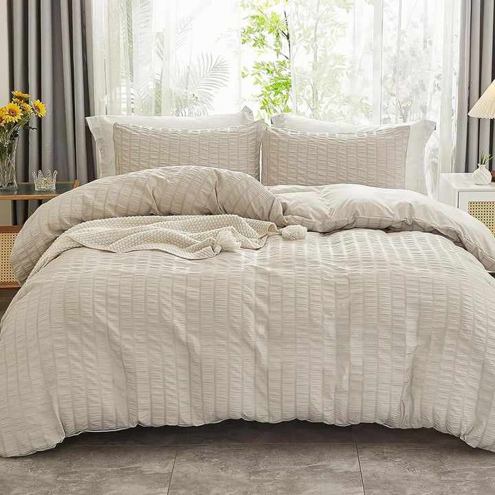 Freyamy Seersucker Bettwäsche 200x200cm 3teilig Beige Geprägt Streifen Strukturiert Bettwaren-Sets U