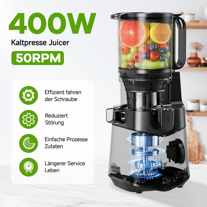 Canoly Entsafter, 400W Slow Juicer, Saftpresse mit 140mm Grosser Fütterungsrutsche für Ganze Gemüse