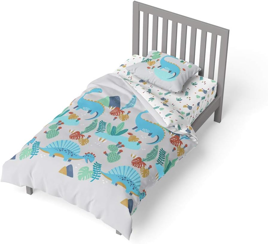 CÔTE DECO Wendebettwäsche für Kinder, Motiv: Dinosaurier, Grün, Bettbezug 140 x 200 cm + 1 Kissenbez
