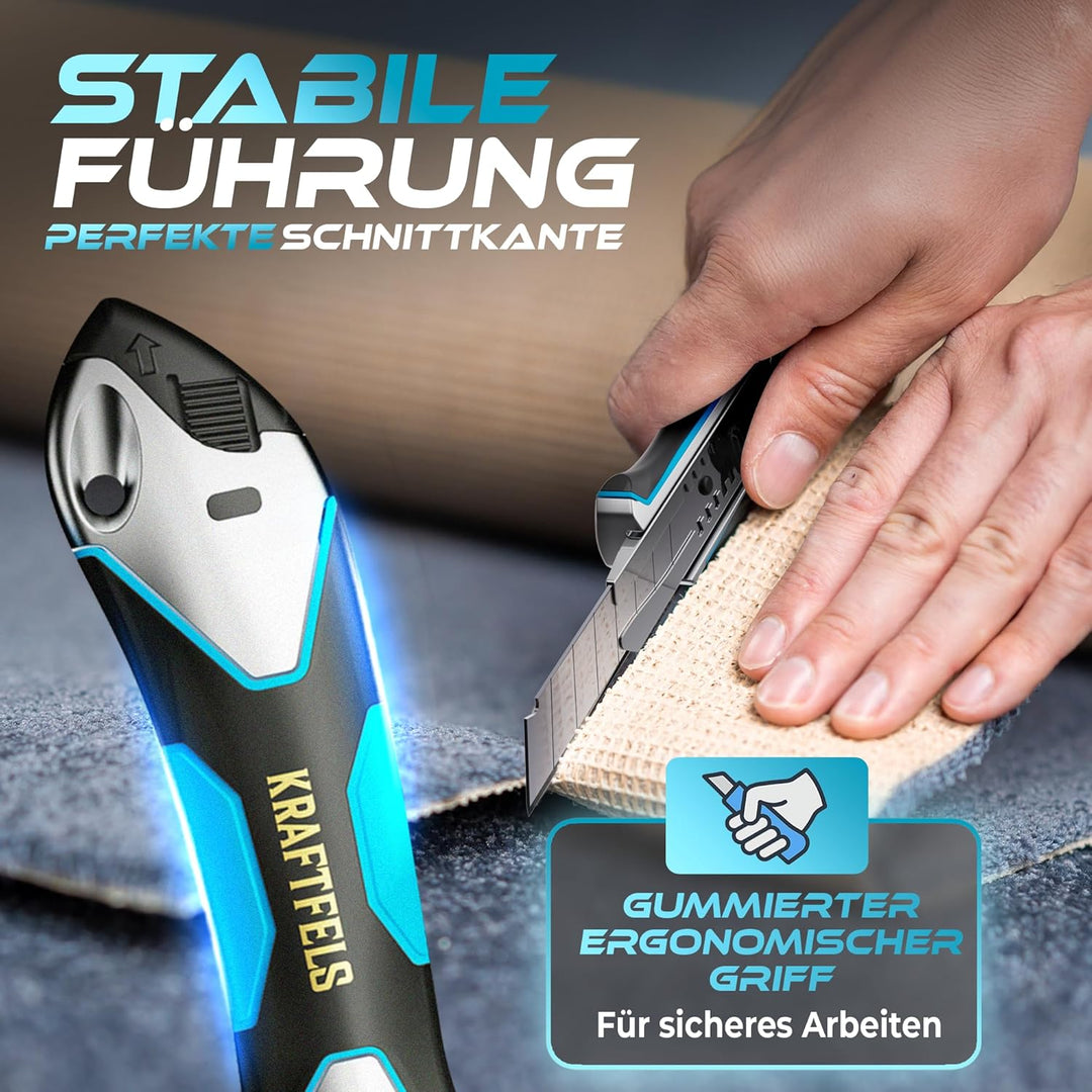 KRAFTFELS Cuttermesser Profi 5er Set - Robustes Cuttermesser 18mm inklusive 10 extrem scharfen Cutte
