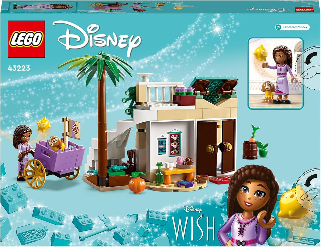 LEGO 43223 Disney Wish Asha in der Stadt Rosas, Wish-Film-Set mit Marktplatz, Asha-Minipuppe, Valent