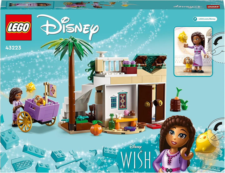 LEGO 43223 Disney Wish Asha in der Stadt Rosas, Wish-Film-Set mit Marktplatz, Asha-Minipuppe, Valent