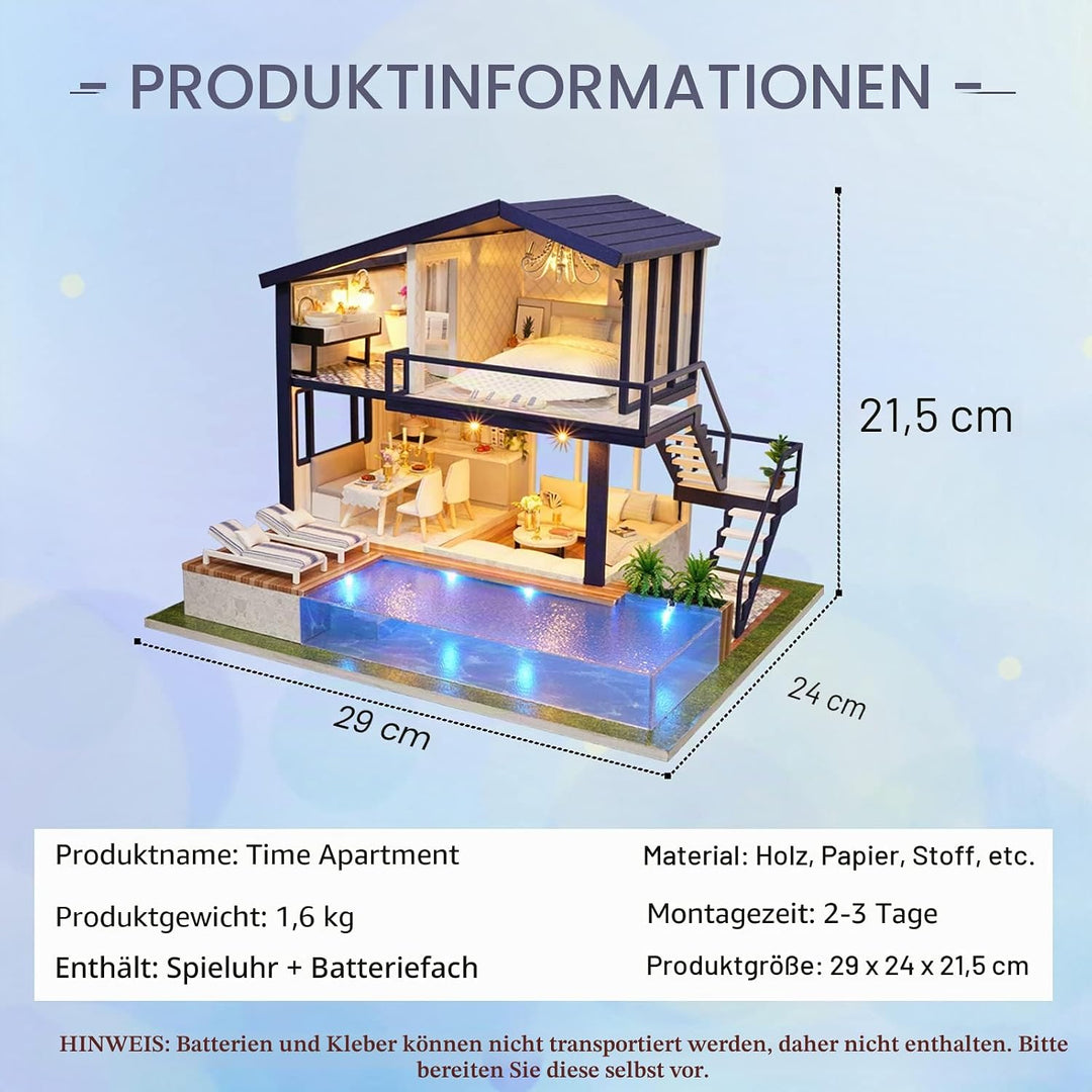 CUTEROOM DIY Holz Puppenhaus Handwerk Miniatur Kit Modell & Möbel - Time Apartment mit Schwimmbad, T