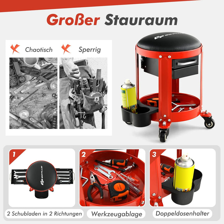 COSTWAY Werkstatthocker, 150 kg belastbar, Werkstattsitz mit 2 Schubladen & Dosenhaltern & Ablage &