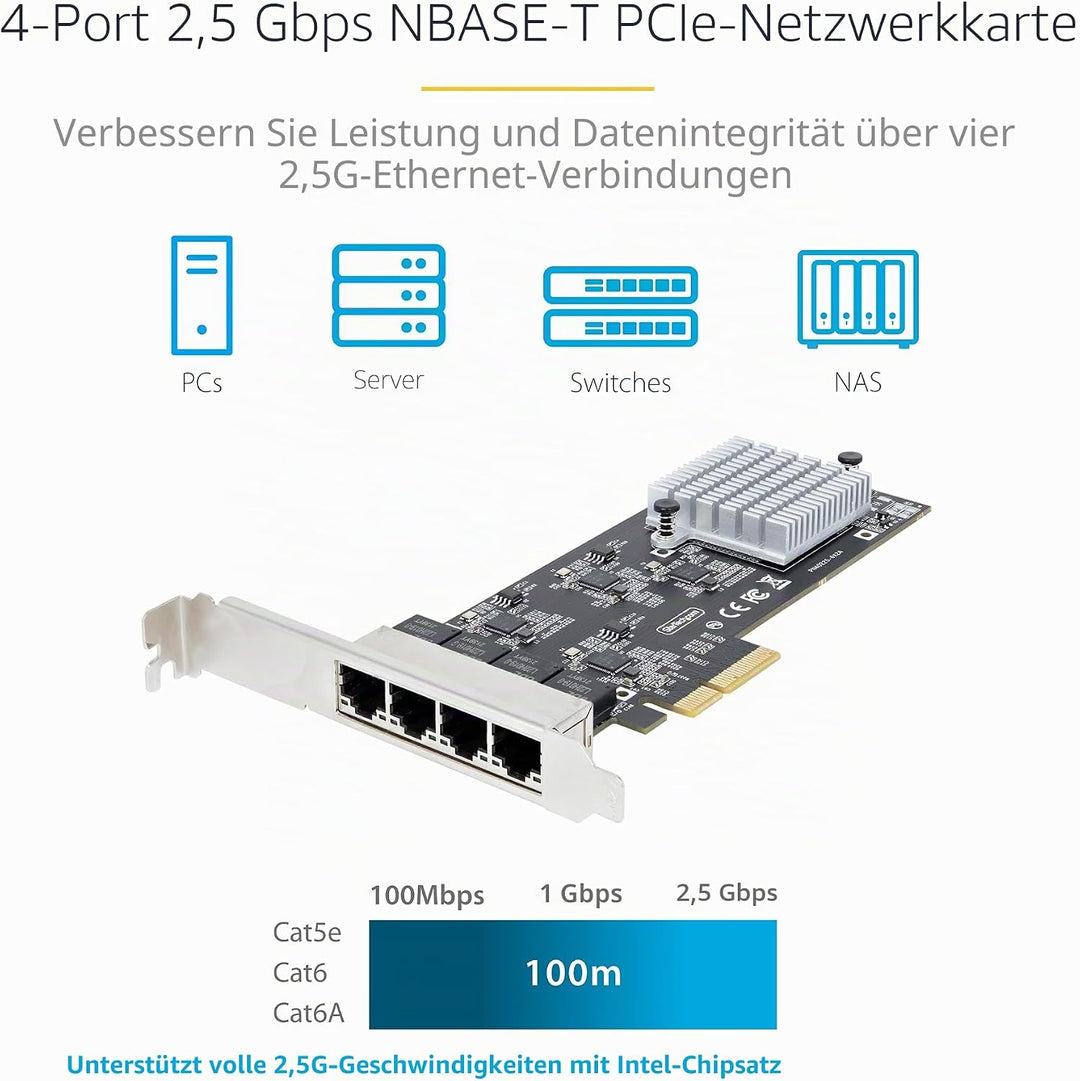 StarTech.com 4-Port 2.5 Gbit PCIe Netzwerkkarte, Intel I225-V, Dual-Port Computer LAN Karte, Multi-G