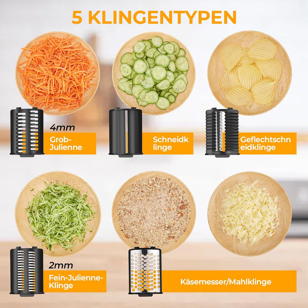 FITNATE Gemüseschneider Elektrisch, Elektrische Käsereibe, Käsereibe, Reibe für Gemüse mit 5 Einsätz