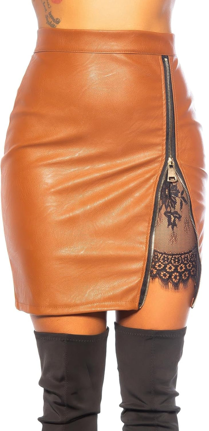 Koucla Rock Lederlook Leder- Kunstleder Optik High Waist Minirock mit Schlitz und Spitze S Braun, S