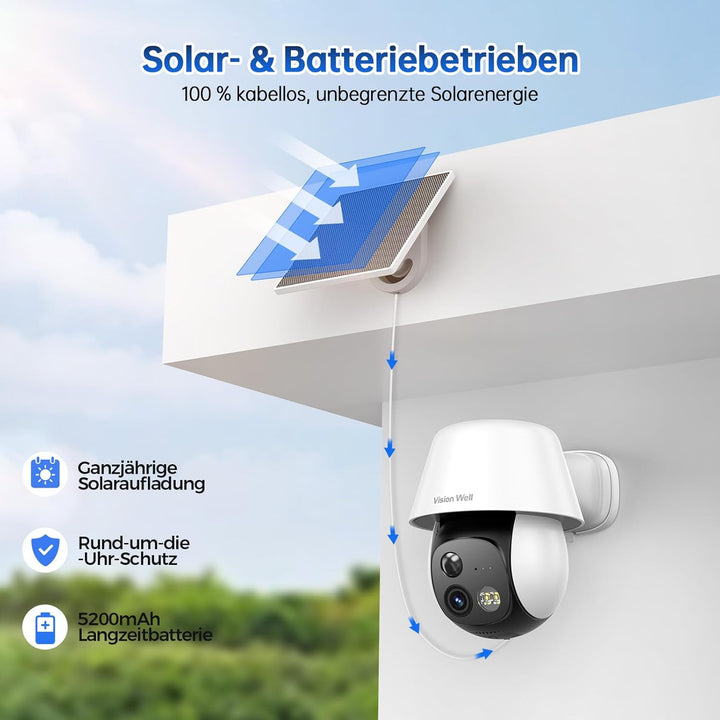 VISION WELL Solar Überwachungskamera Aussen, 2K 360° PTZ WLAN IP Kamera Kabellos, PIR Personenerkenn