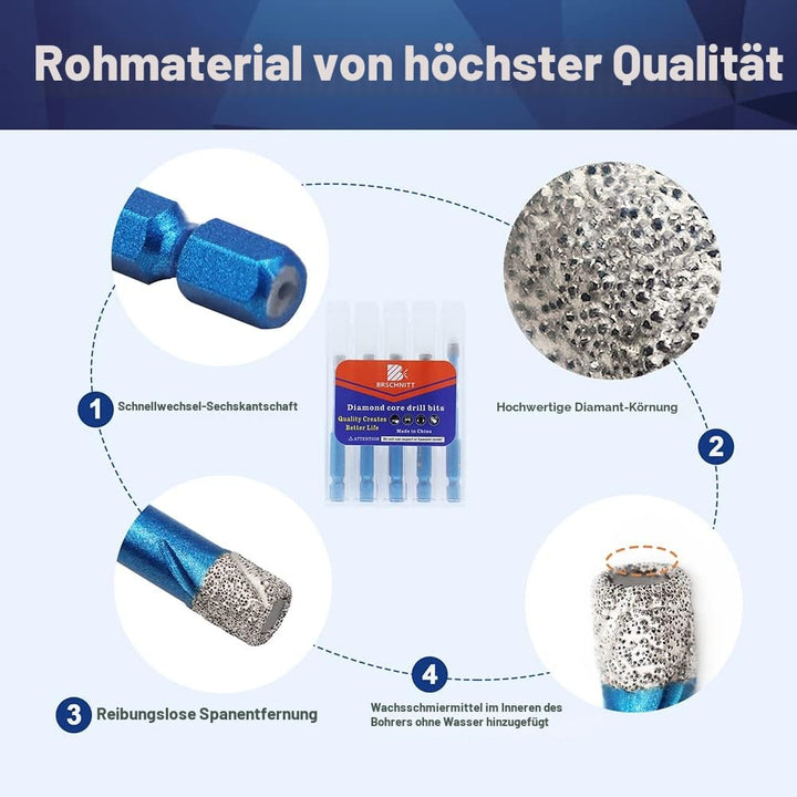 Diamantbohrer Fliesenbohrer Set 6/8/10mm - BRSCHNITT 5 Stück Sechskant-Schaft fliesenbohrer set- Loc