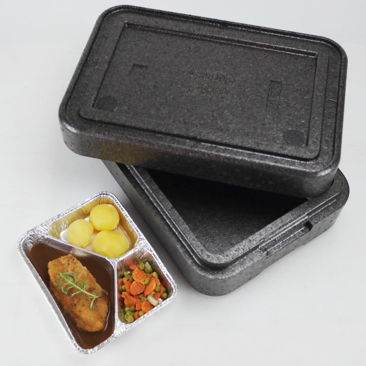 4x PIT4 Thermobox für 4 Menüschalen | wiederverwendbar | Styropor anthrazit MENÜBOX-Transportbehälte
