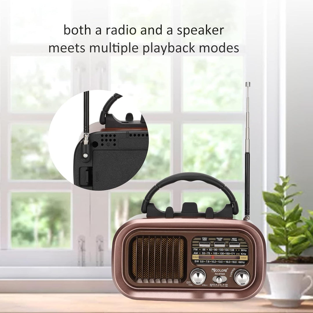 RXBT628 Tragbarer Vintage-Radiolautsprecher, FM AM SW 3 Bands Multifunktionaler -Kartenradio-Player