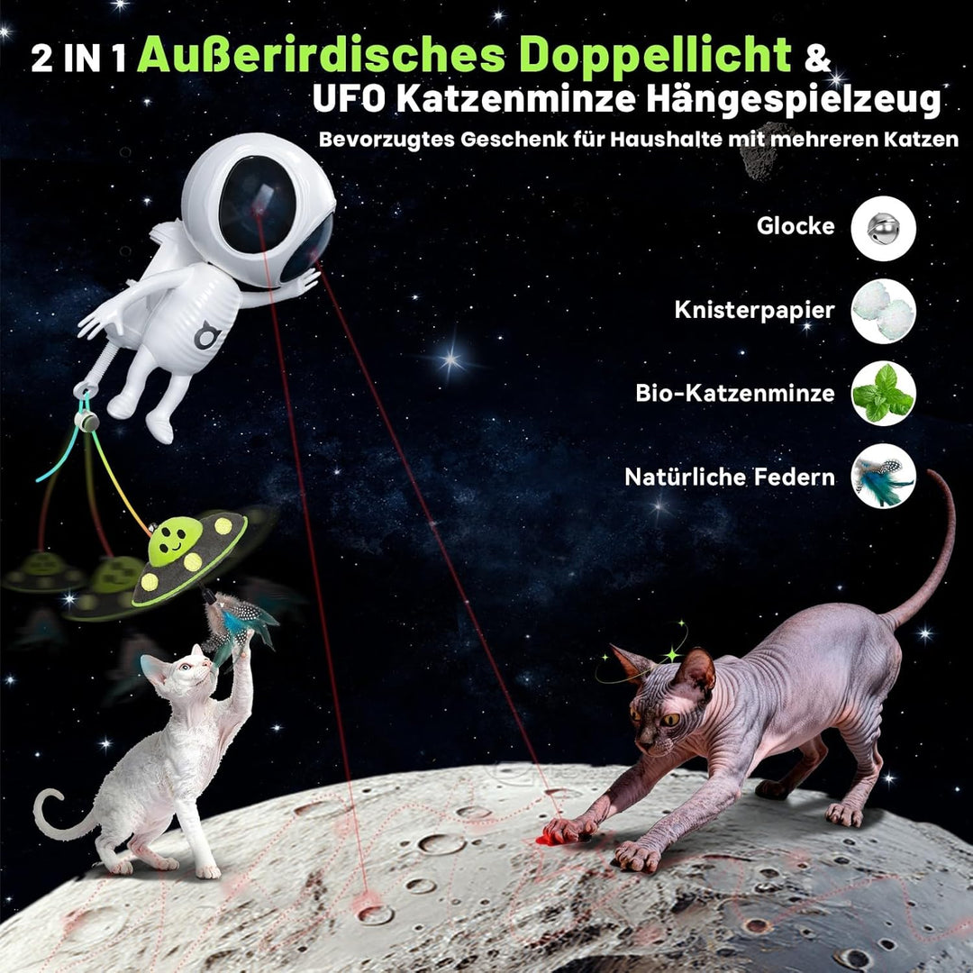 GoldenSun Interaktives Katzenspielzeug, 2-in-1 Automatisch mit Dual-Projektion &amp; Katzenminze-UFO-Anh