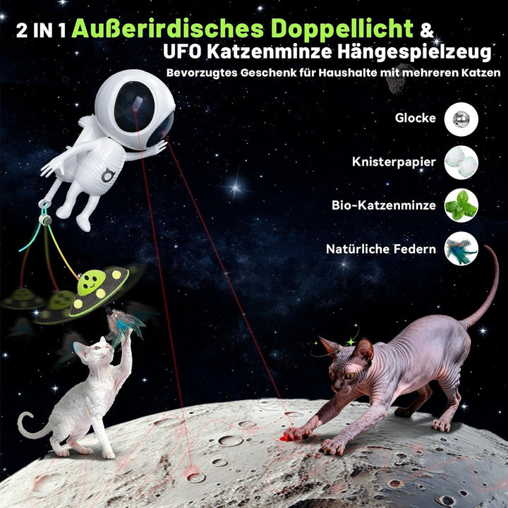 GoldenSun Interaktives Katzenspielzeug, 2-in-1 Automatisch mit Dual-Projektion &amp; Katzenminze-UFO-Anh