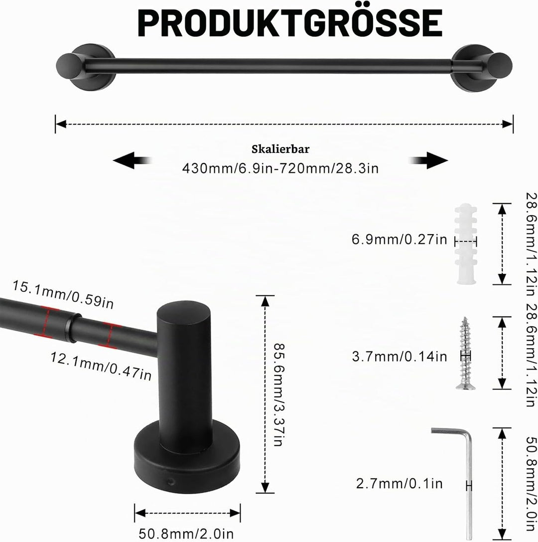 Handtuchstange Verstellbar, WJUAN Handtuchstange schwarz Mattlack verstellbar von 43 cm bis 72 cm, 3