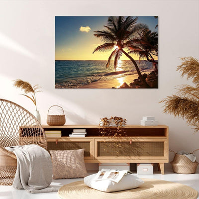 Bilder auf Leinwand 100x70cm Leinwandbild Wolke exotischer Palm- Landschaft Gross Wanddeko Bild Schl