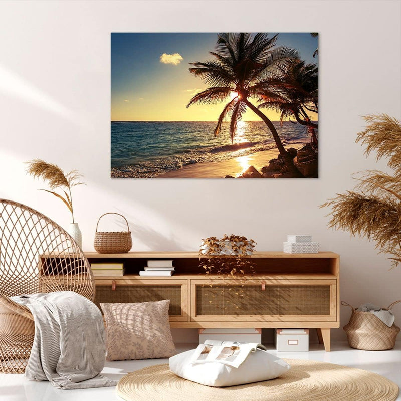 Bilder auf Leinwand 100x70cm Leinwandbild Wolke exotischer Palm- Landschaft Gross Wanddeko Bild Schl