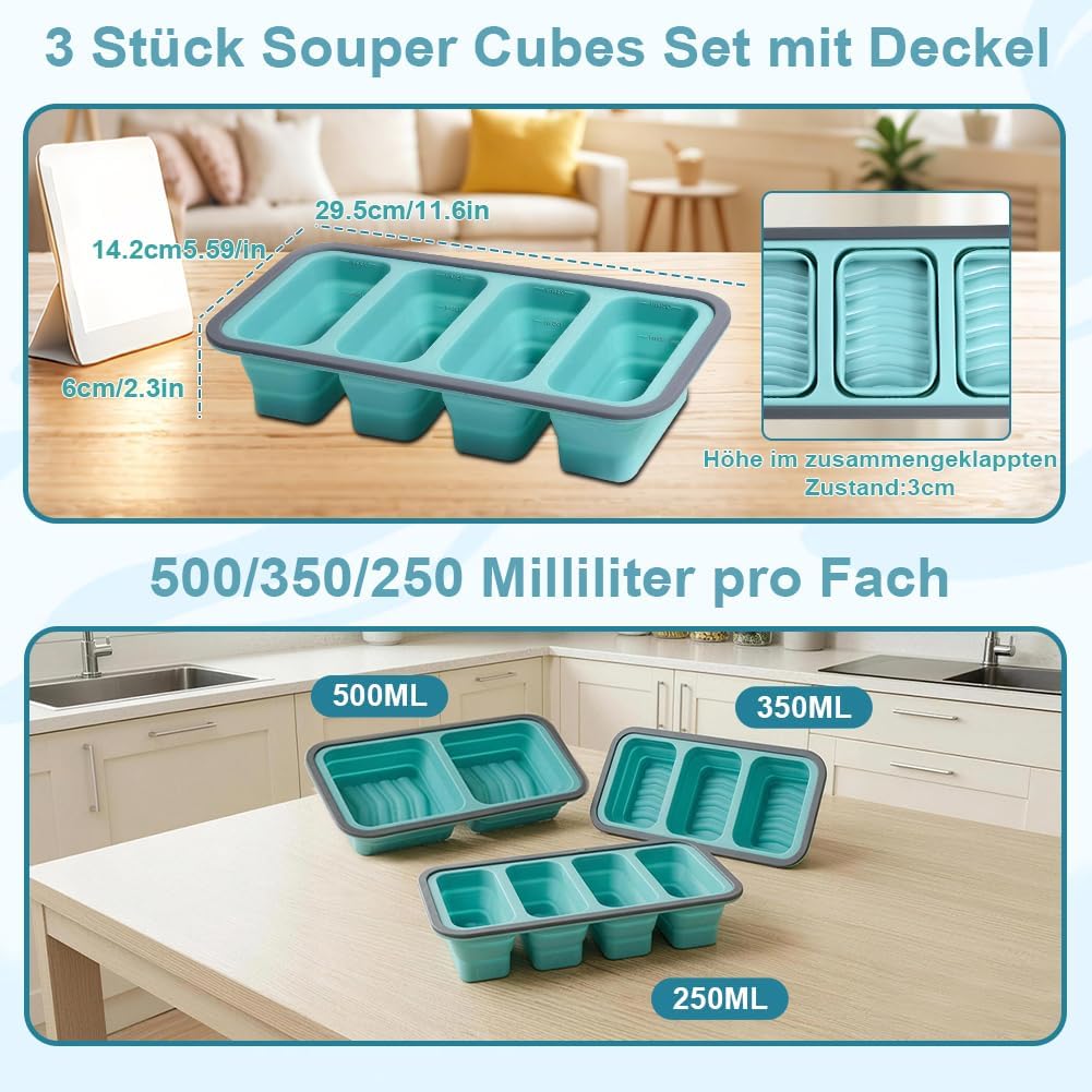 3 Stück Souper Cubes Set mit Deckel + 15 Gefrierbeutel, Faltbare Silikon Gefrierbehälter, 500/350/25