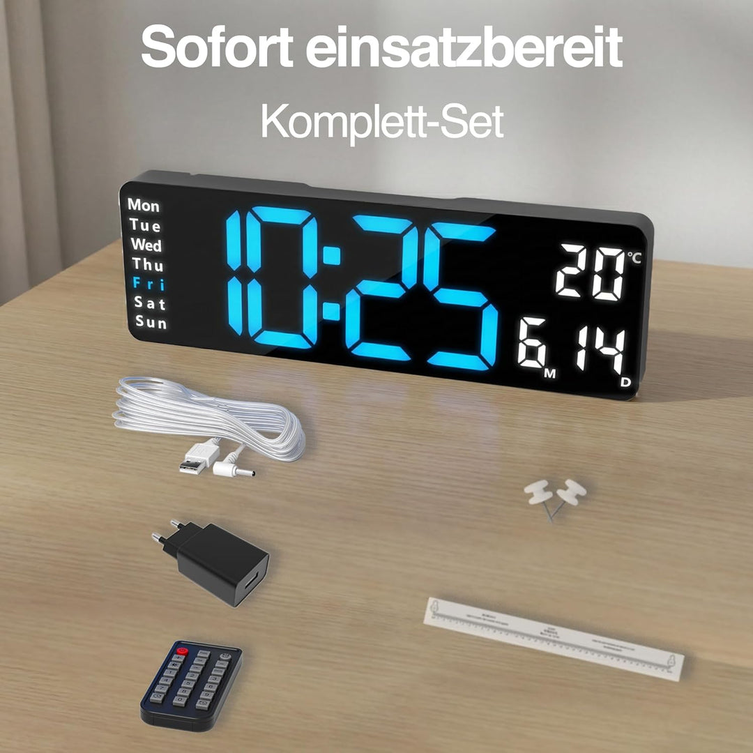 OPIS Clock 1 XL 32 cm – Wanduhr Digital in Blau mit Fernbedienung, Temperaturanzeige, Datum, Wochent